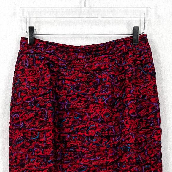 RAUL BLANCO Vintage 80s Silk Pencil Skirt 12 Red Multi Scrunch Ruched Printed - Picture 4 of 15